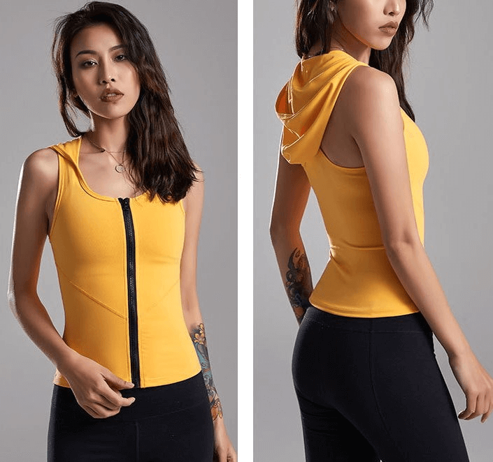 Model wearing bright yellow elastic tank top with zipper, showcasing front and back view. Ideal for yoga, fitness, and active wear. SF1275